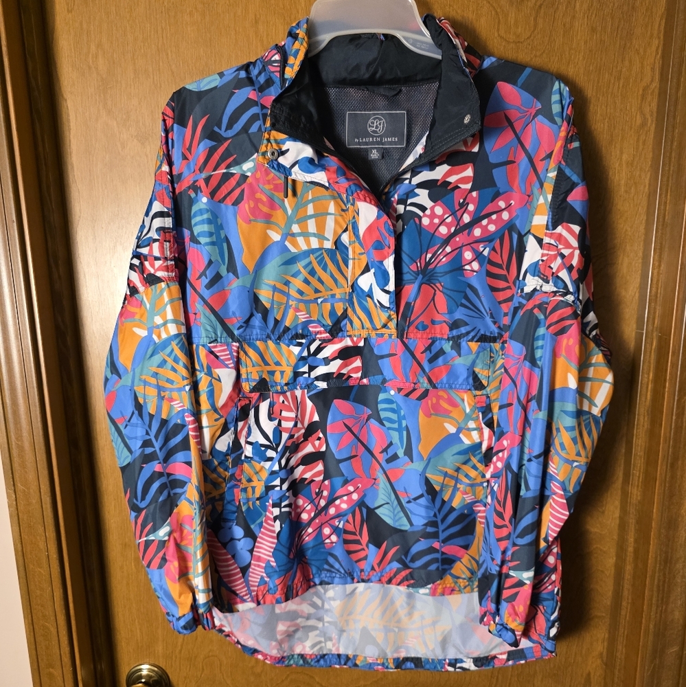 Lauren James Tropical Print Pullover Jacket w/Covered Zippered Pocket On Front - Picture 5 of 6
